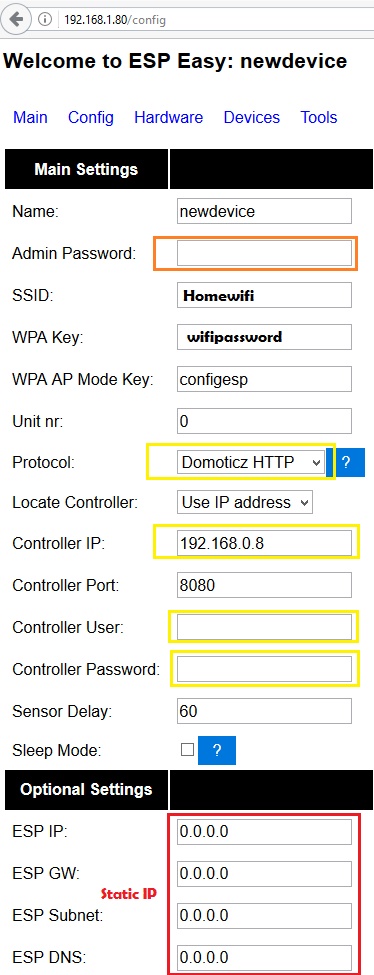 Esp-01 Espeasy main settings